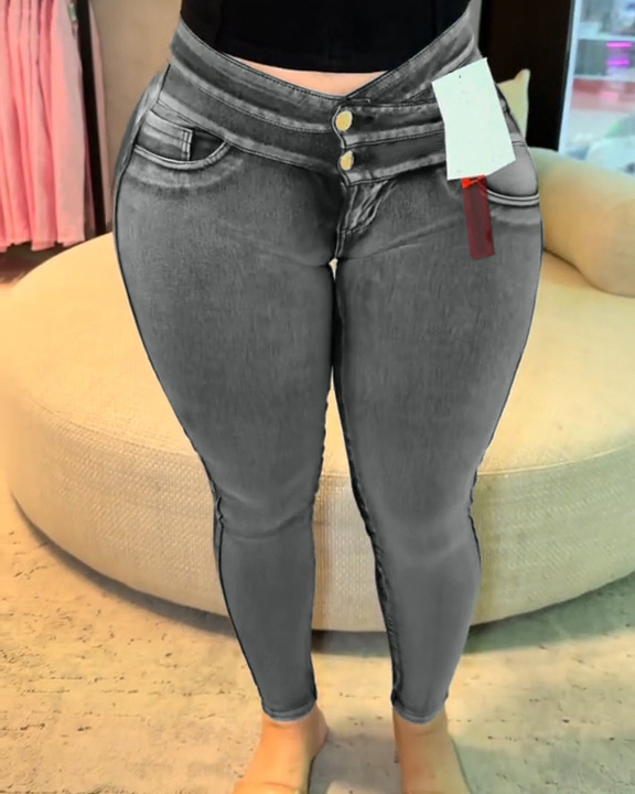 Butt Lifter Double-Breasted Skinny Jeans