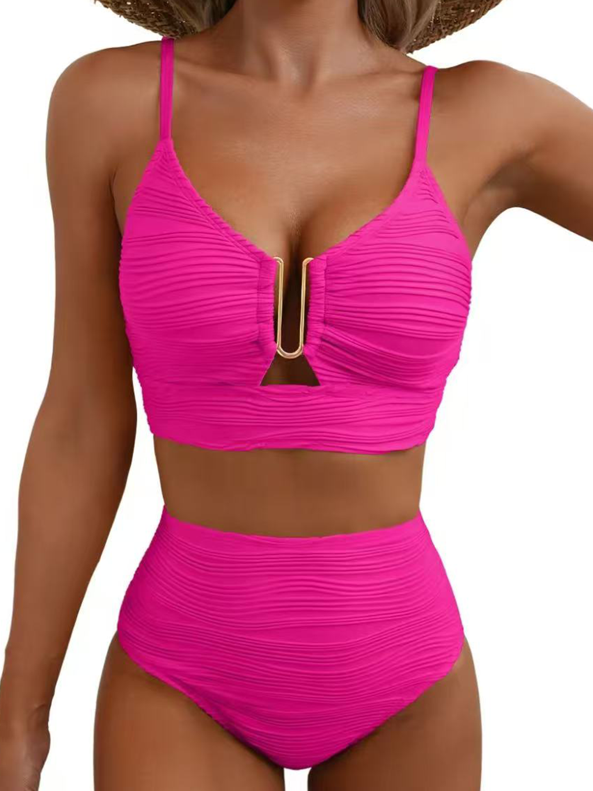 Two-Piece Bikini Set U-Shaped Underwire Hollow High Waist Textured Swimsuit