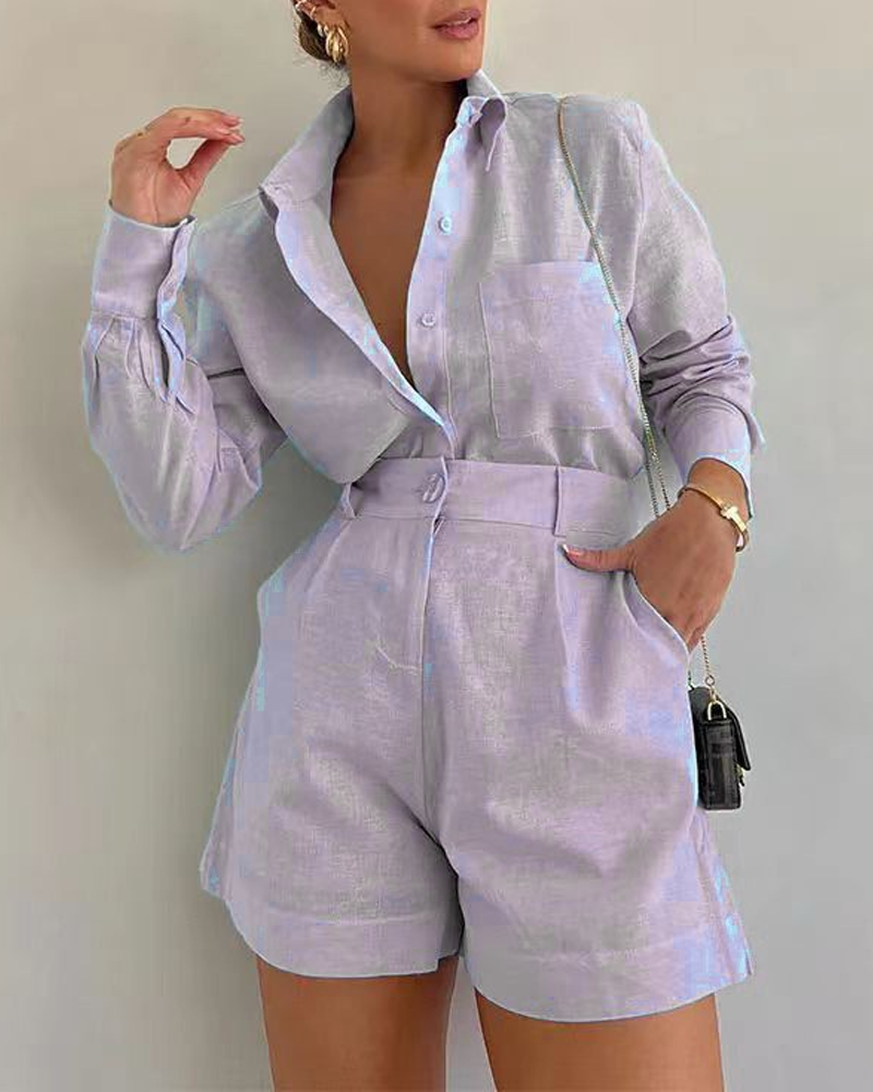 Casual Shirt High Waisted Shorts Set
