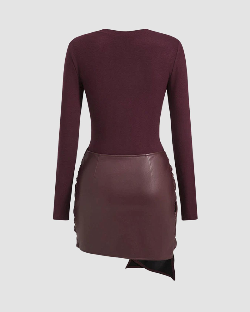 Women's Front-Tie PU Trim Long-Sleeved Mini Dress