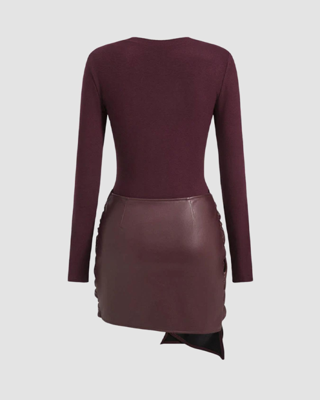 Women's Front-Tie PU Trim Long-Sleeved Mini Dress