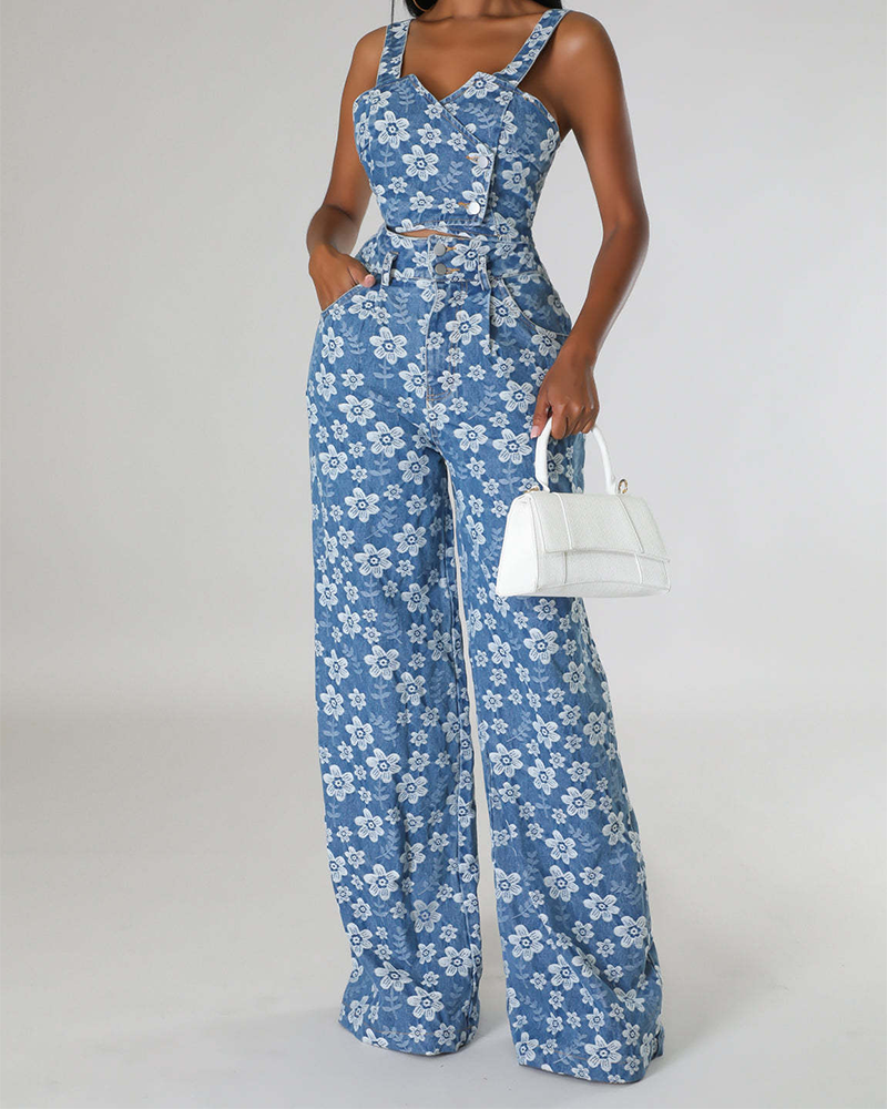 Denim Jacquard Print Set-Curvy-Faja