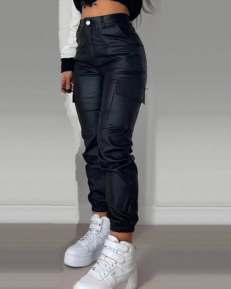 Zipper Pleated PU Casual Patch Pocket Skinny Pencil Trousers-Curvy-Faja