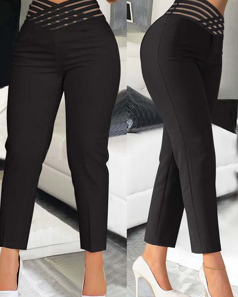 Casual Overlap Waist Hollow Out Work Pant High Waisted Pencil Stretch Pants for Women Trendy