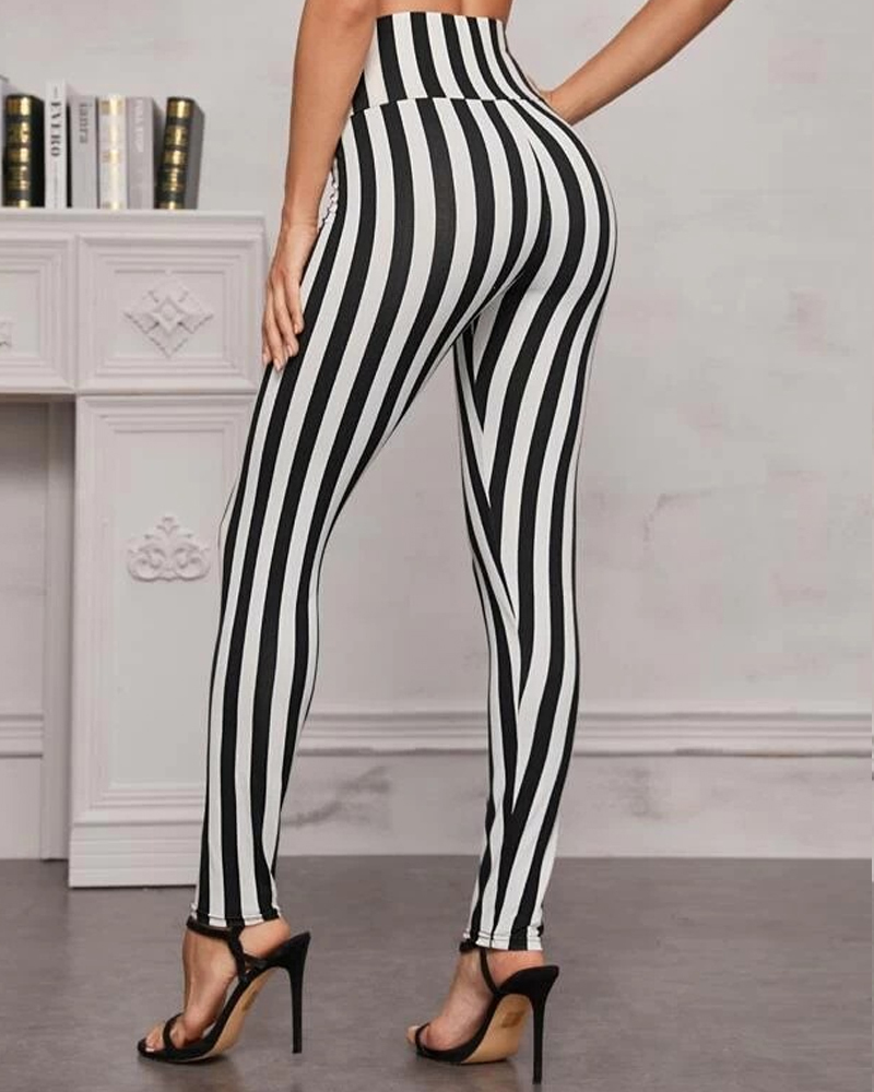 Striped High Waist Yoga Pants Leggings-Curvy-Faja