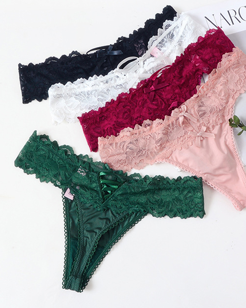 Sexy Lace Solid Color Hollow Back Cross Thong Briefs