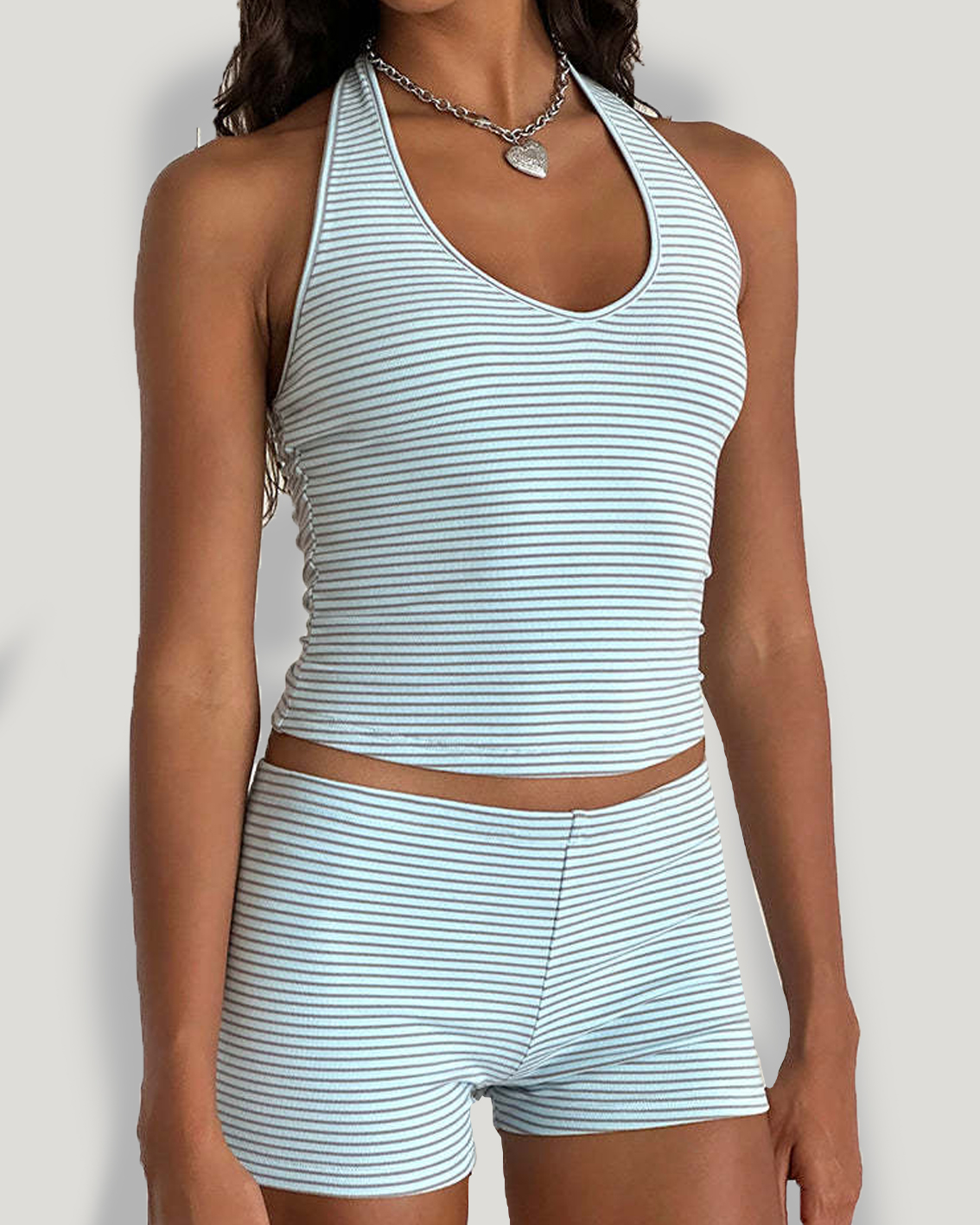 Striped Small Fresh Open Back Casual Body Shaping Shorts Set-Curvy-Faja