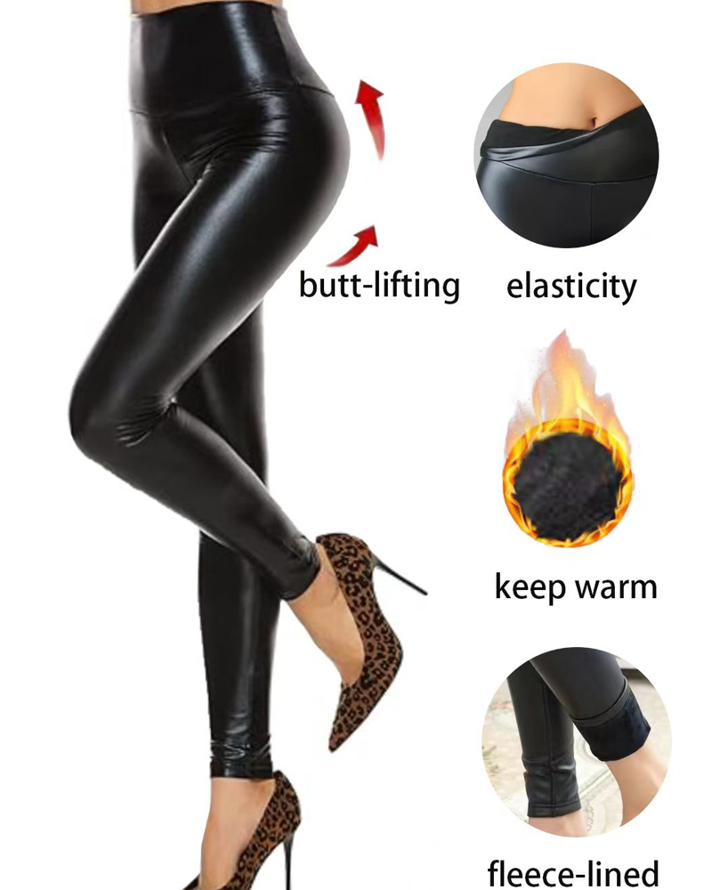 Plush Leather Pants High Elastic High Waist Leggings-Curvy-Faja