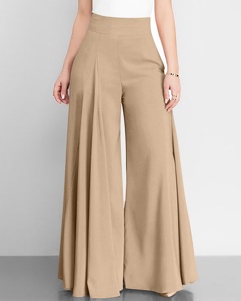 Solid Color High Waist Wide Leg Pants-Curvy-Faja