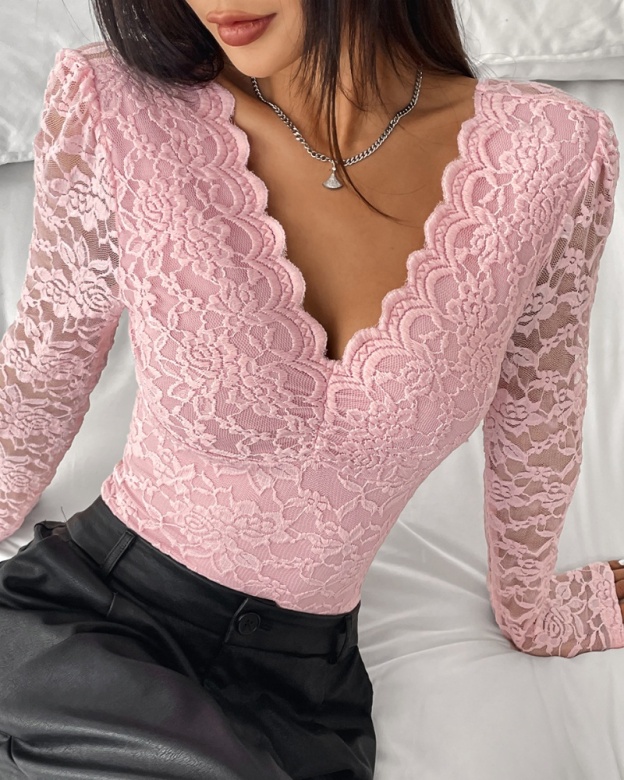 Floral Lace Sheer Long Sleeve Bodysuit V Neck Slim Fit Thong Body Shaper