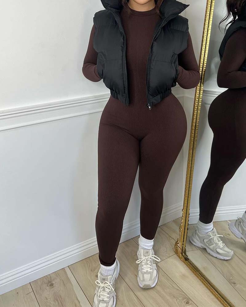 Solid Skinny Crew Neck Jumpsuit