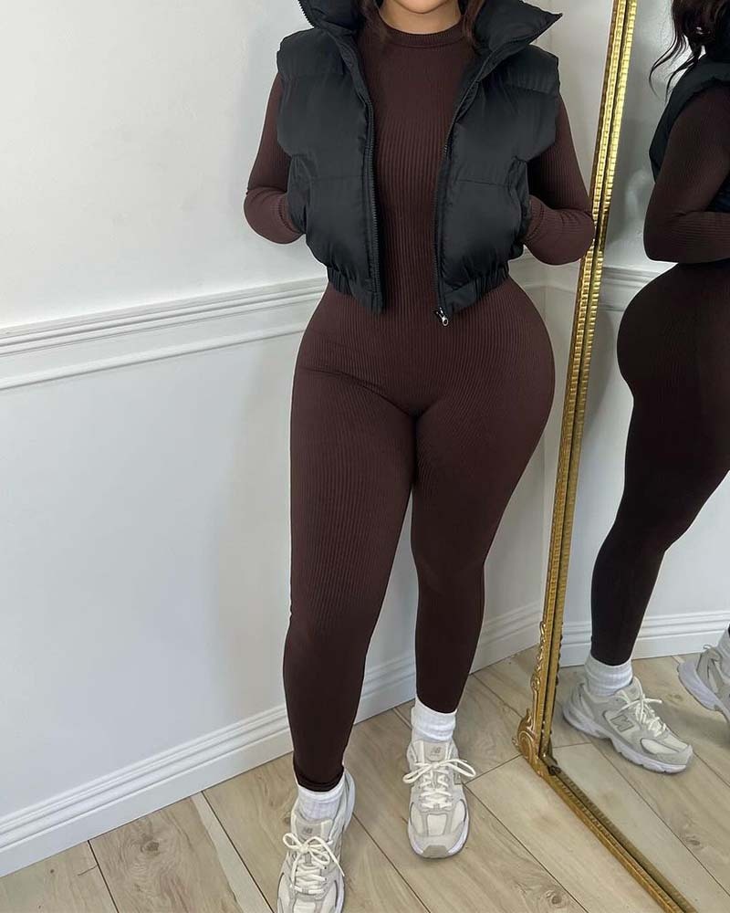 Solid Skinny Crew Neck Jumpsuit