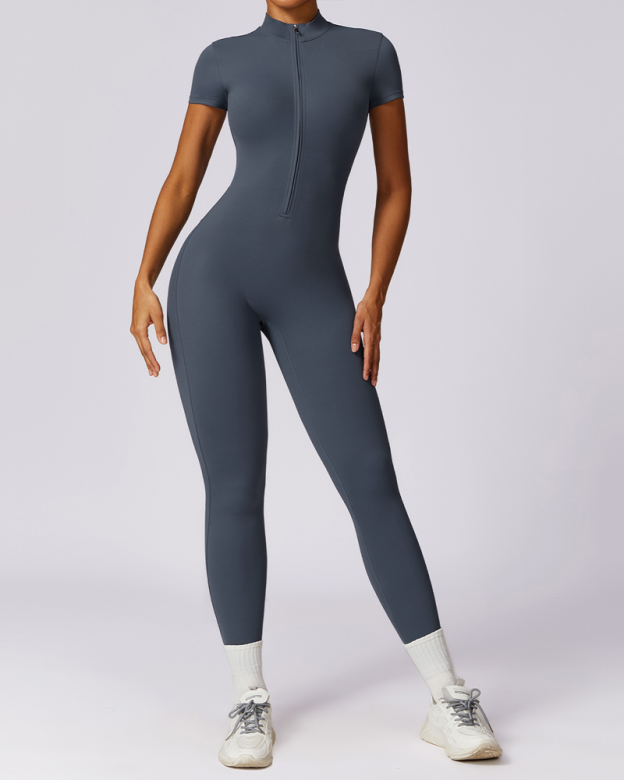 Zippered Short-Sleeved Slim-Fit Jumpsuit