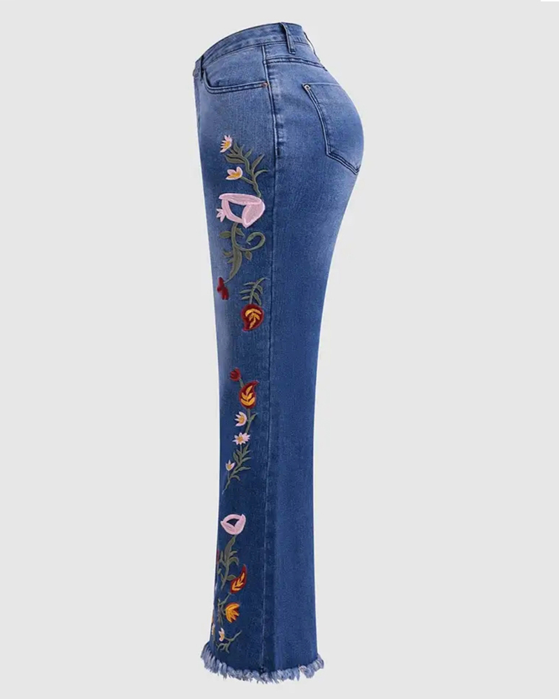 High-Elastic Embroidered Flared Jeans-Curvy-Faja