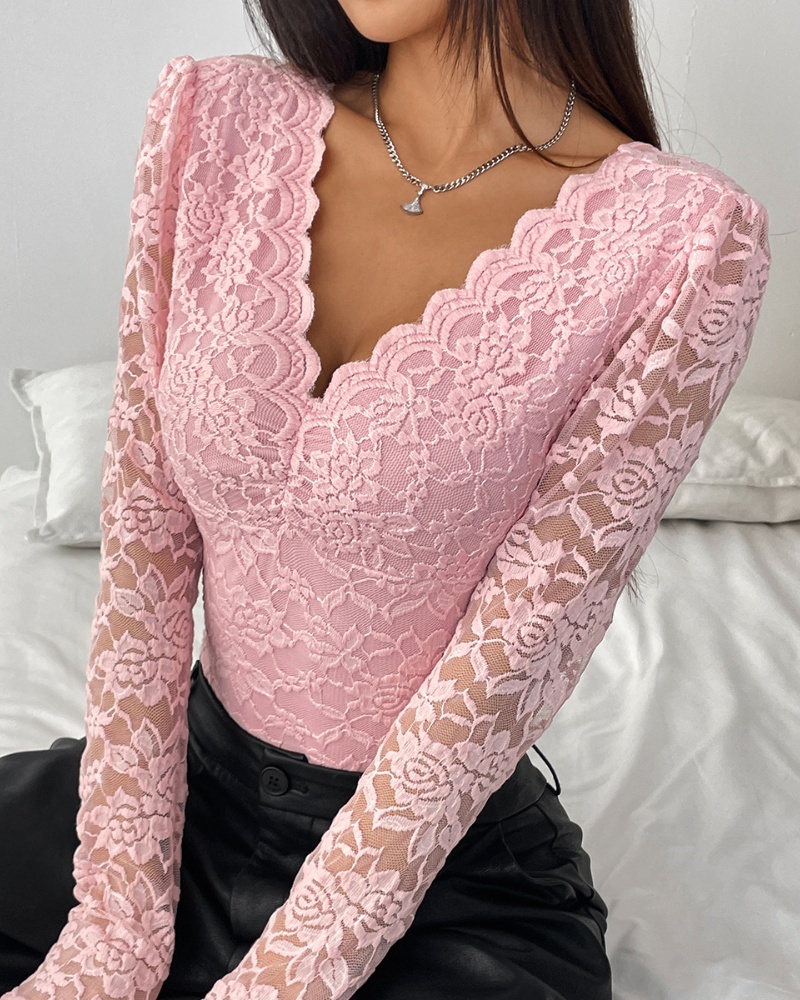 Floral Lace Sheer Long Sleeve Bodysuit V Neck Slim Fit Thong Body Shaper