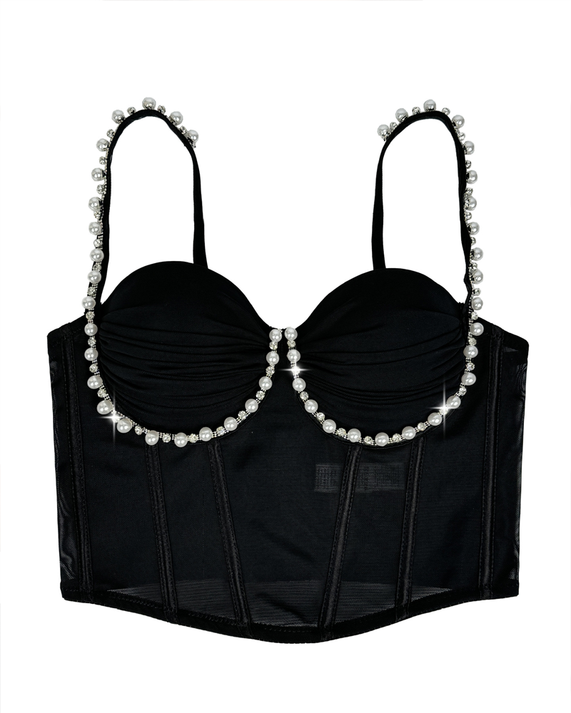 Beaded Pleated Mesh Boning Corset