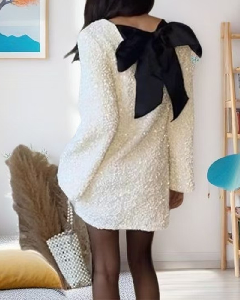 Christmas Party Backless Tie-Up Long-Sleeved Sequined Dress