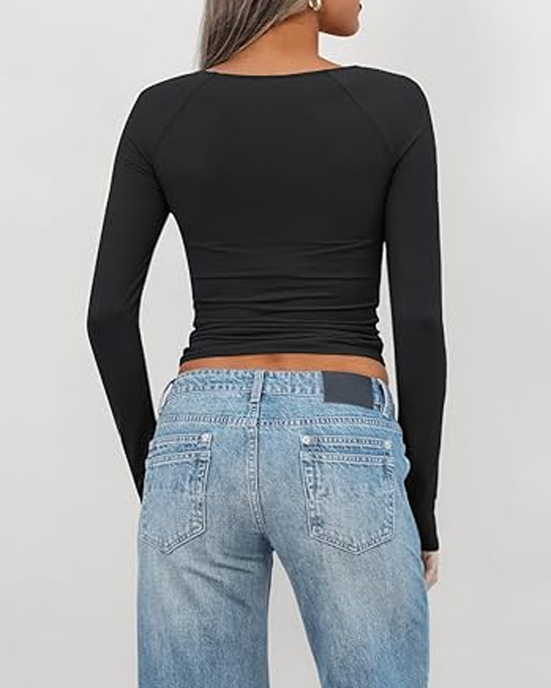 Twist Front Long Sleeve T-Shirt Slim Fit Top-Curvy-Faja