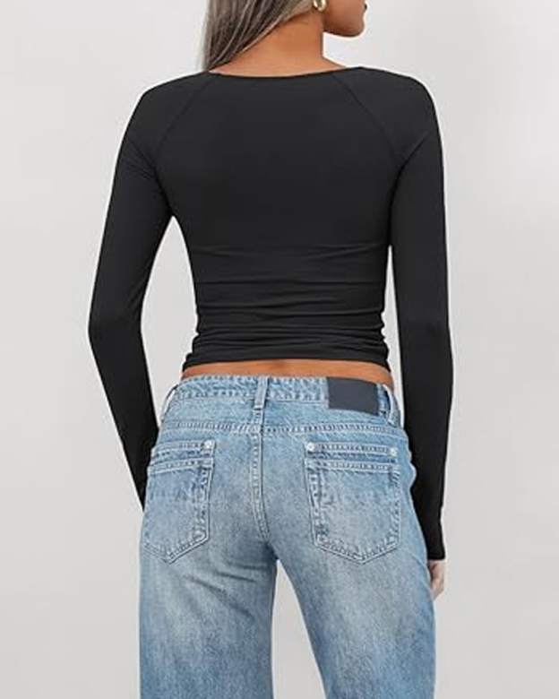 Twist Front Long Sleeve T-Shirt Slim Fit Top-Curvy-Faja