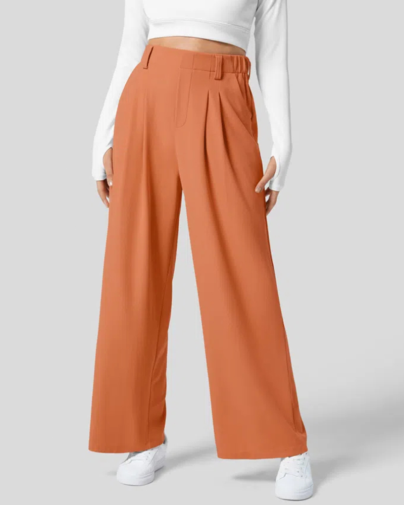 High Waisted Plicated Side Pocket Wide Leg Waffle Work Pants