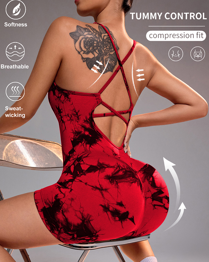 Tie-Dye Back Yoga Romper-Curvy-Faja