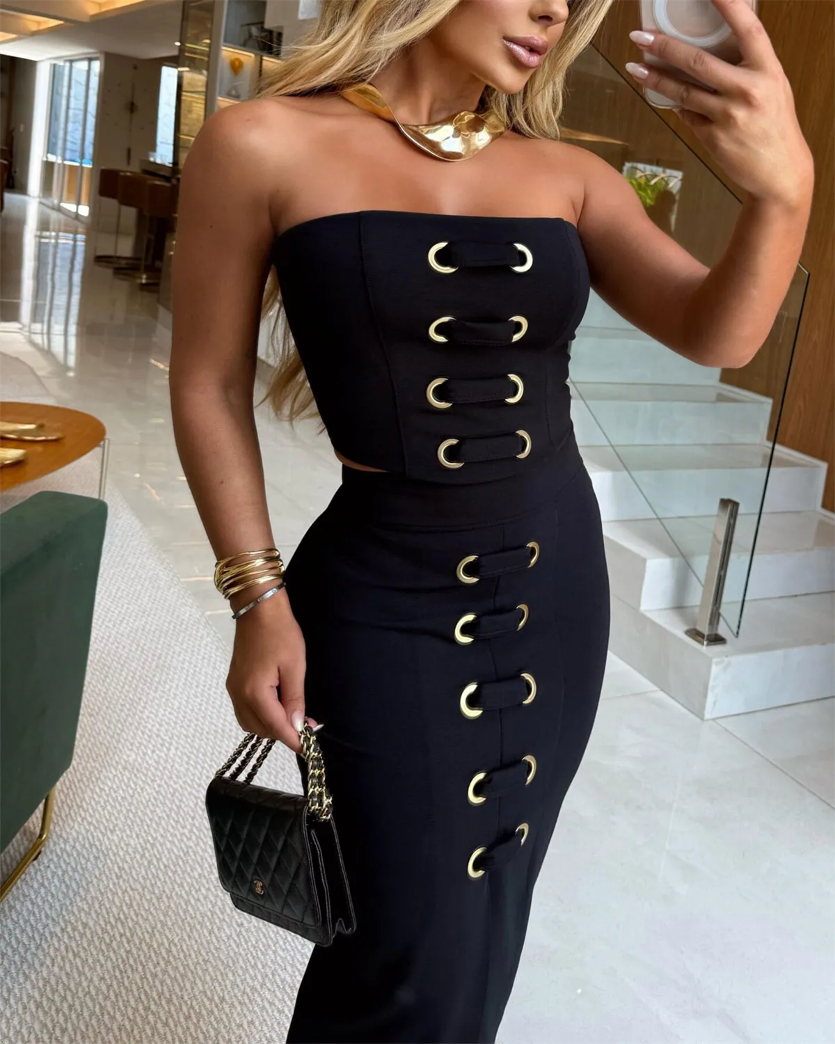 Modern Elegant Riding Top Midi Skirt Set-Curvy-Faja