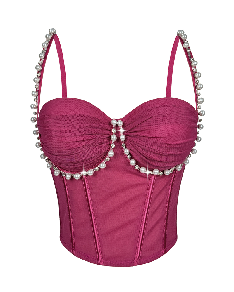 Beaded Pleated Mesh Boning Corset