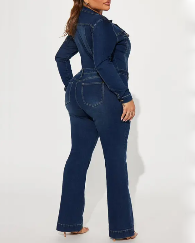 Slim-Fit Stretch Flared Long-Sleeved Denim Jumpsuit