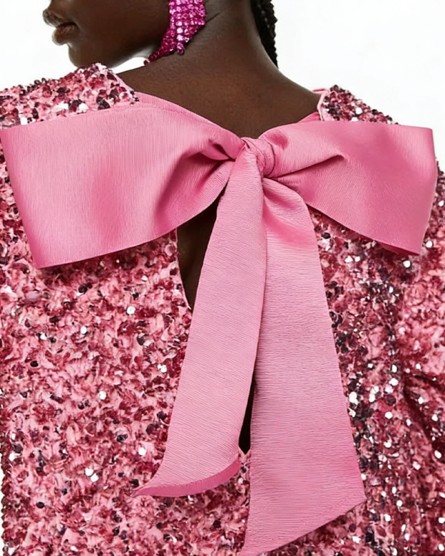 Christmas Party Backless Tie-Up Long-Sleeved Sequined Dress