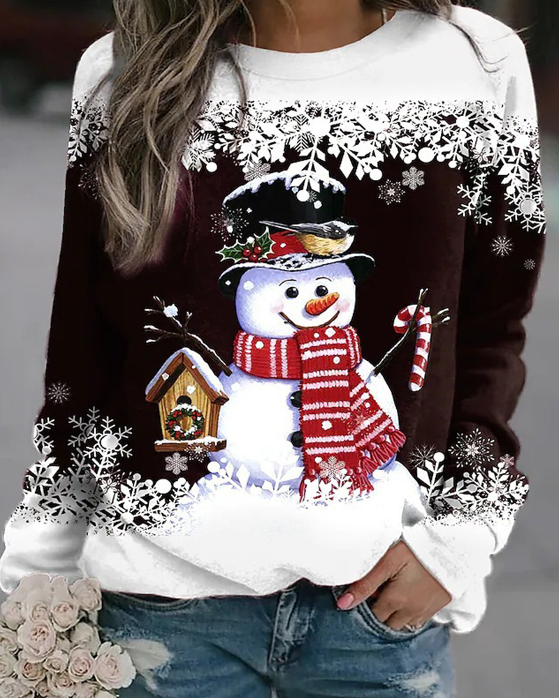 Christmas Snowman Print Round Collar Long Sleeves-Curvy-Faja