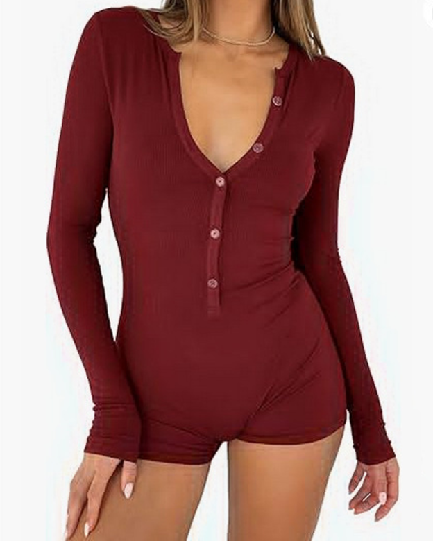 Long-Sleeved V-Neck Tight-Fitting Jumpsuit Shorts Solid Color Casual Jumpsuit