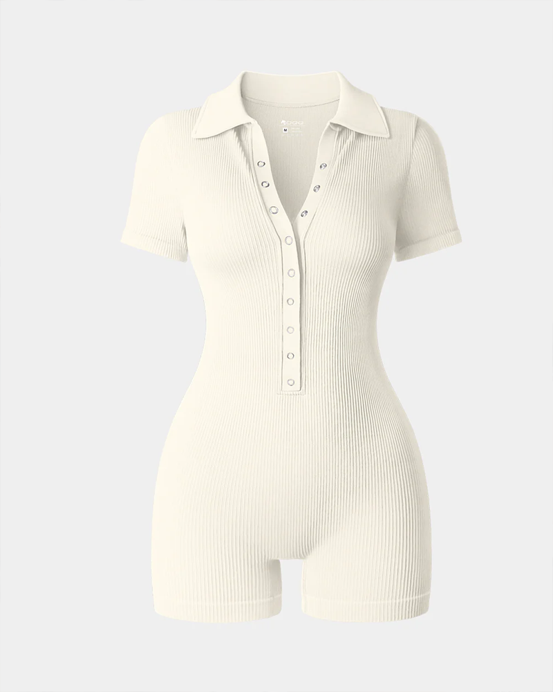 Ribbed V-Neck Elastic Waist-Cinching Tummy-Control Sports Yoga Bodysuit