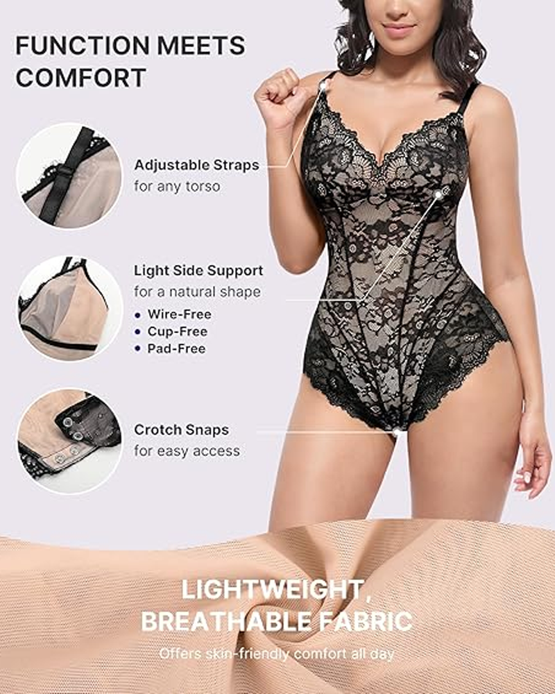Lace V-Neck Crisscross Back Tummy Control Shaping Bodysuit（Pre-Sale）