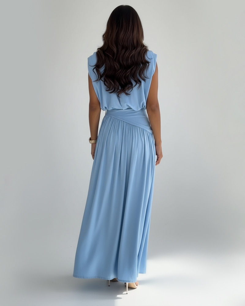 Sleeveless Pleated Overlay Maxi Skirt Set With Built-In Shapewear Bodysuit（Pre-Sale）