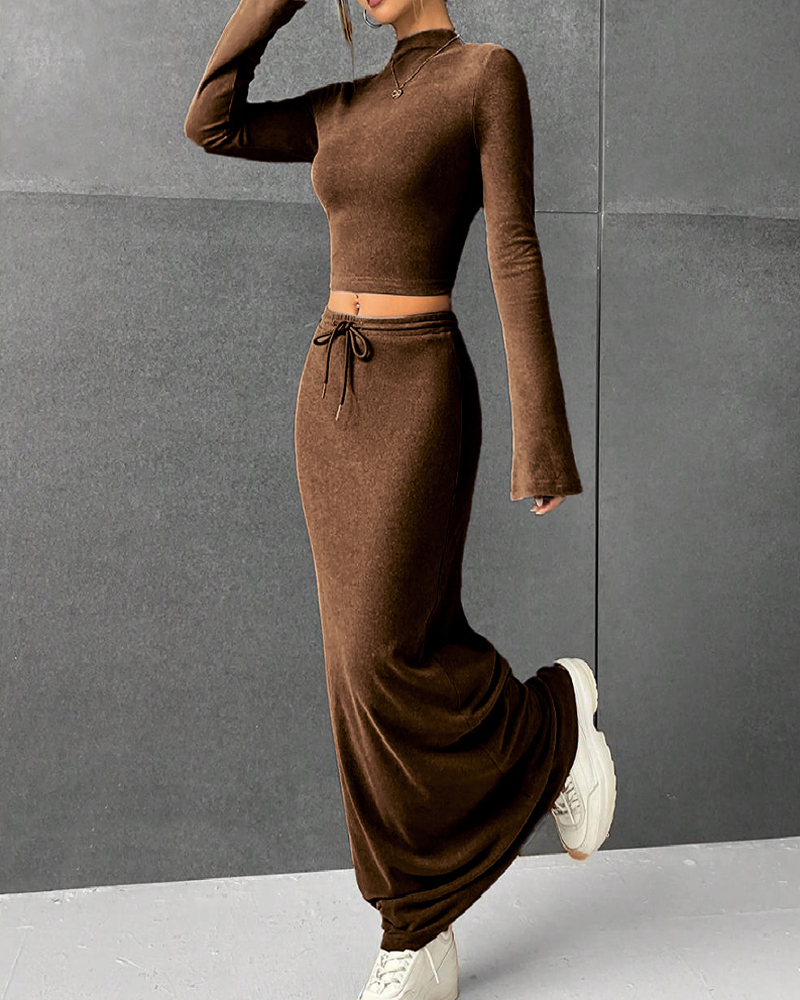 Solid Color Long-Sleeved Slim-Fit Base Layer Bodycon Long Skirt Set