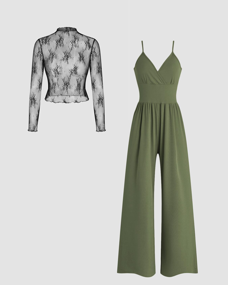 Lace T‑Shirt & Cami Fitted Wide‑Leg Pocket Jumpsuit Set