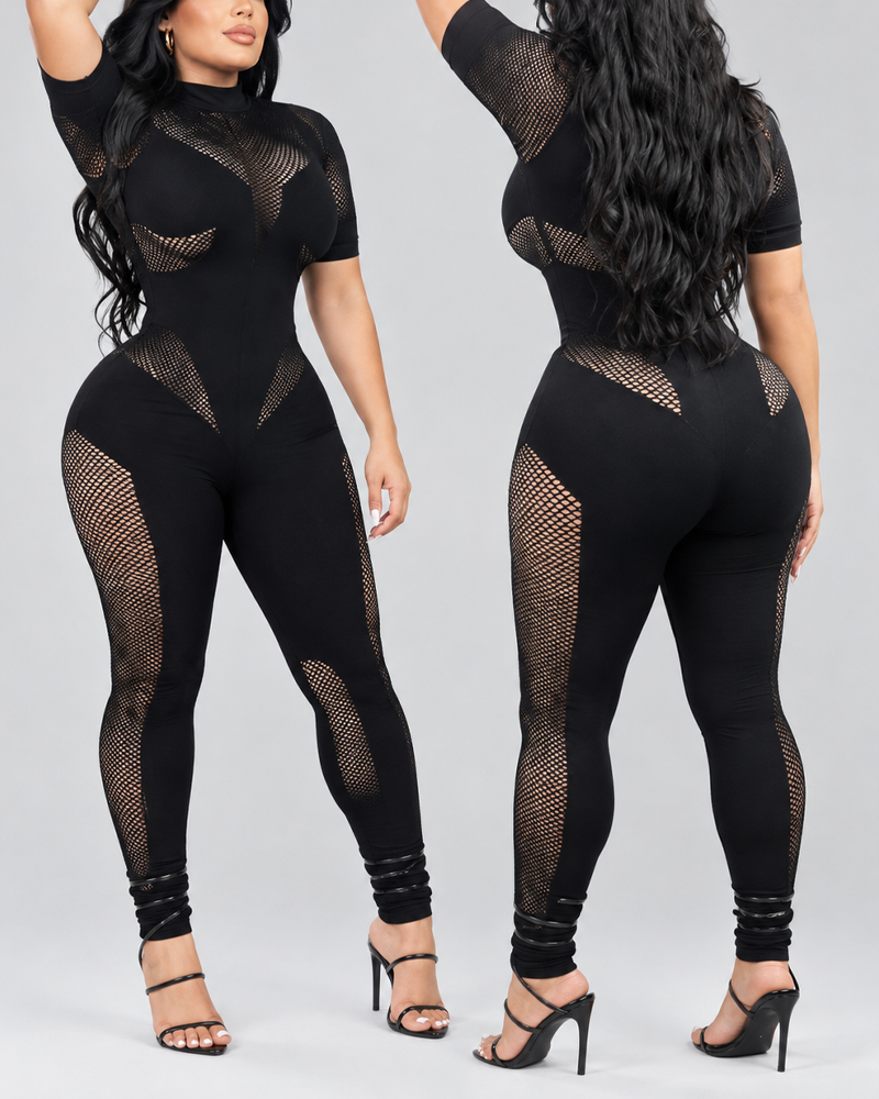 Halloween Mesh Panel High Neck Bodycon Jumpsuit