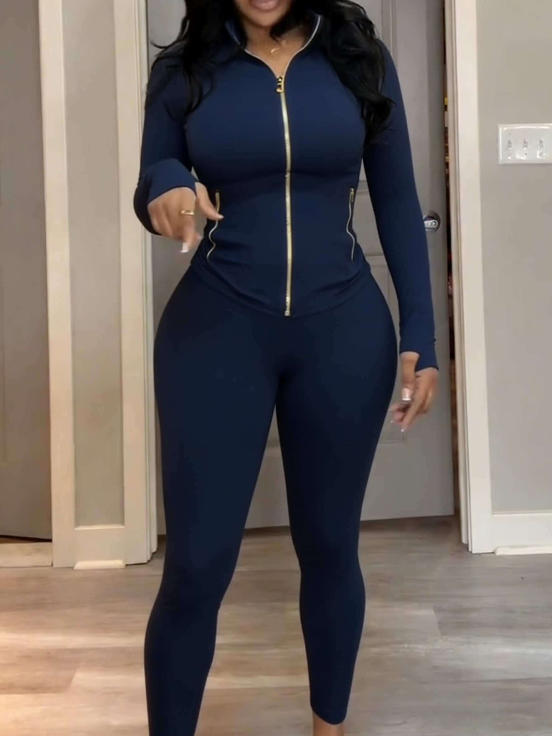 Body Shaping Yoga Set Gold Zip Up Jacket With Pockets