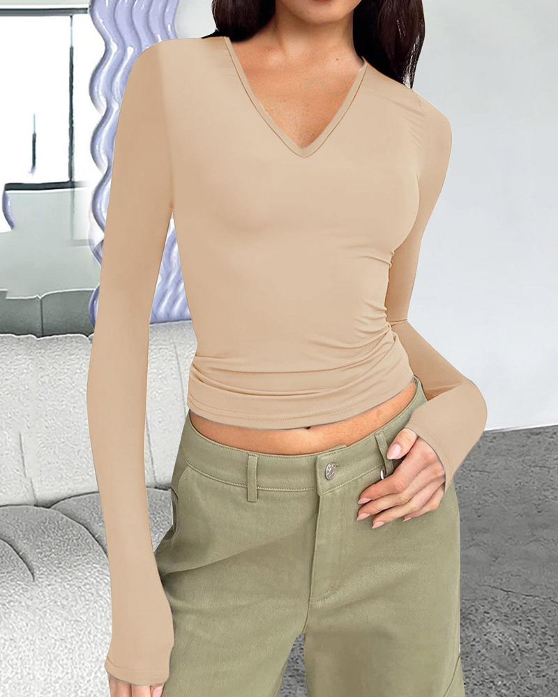 V-Neck Long-Sleeved Slim-Fit Versatile T-Shirt Top-Curvy-Faja