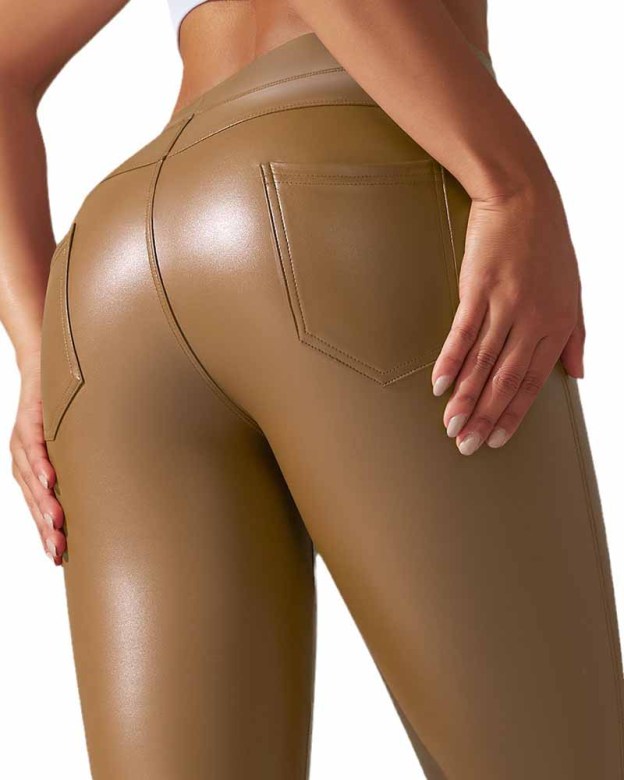 Pocket Pu Leather Pants With Tight Belly And High Waist