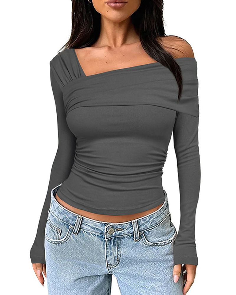 One-Shoulder Long-Sleeved Open-Back Gathered Top T-Shirt-Curvy-Faja