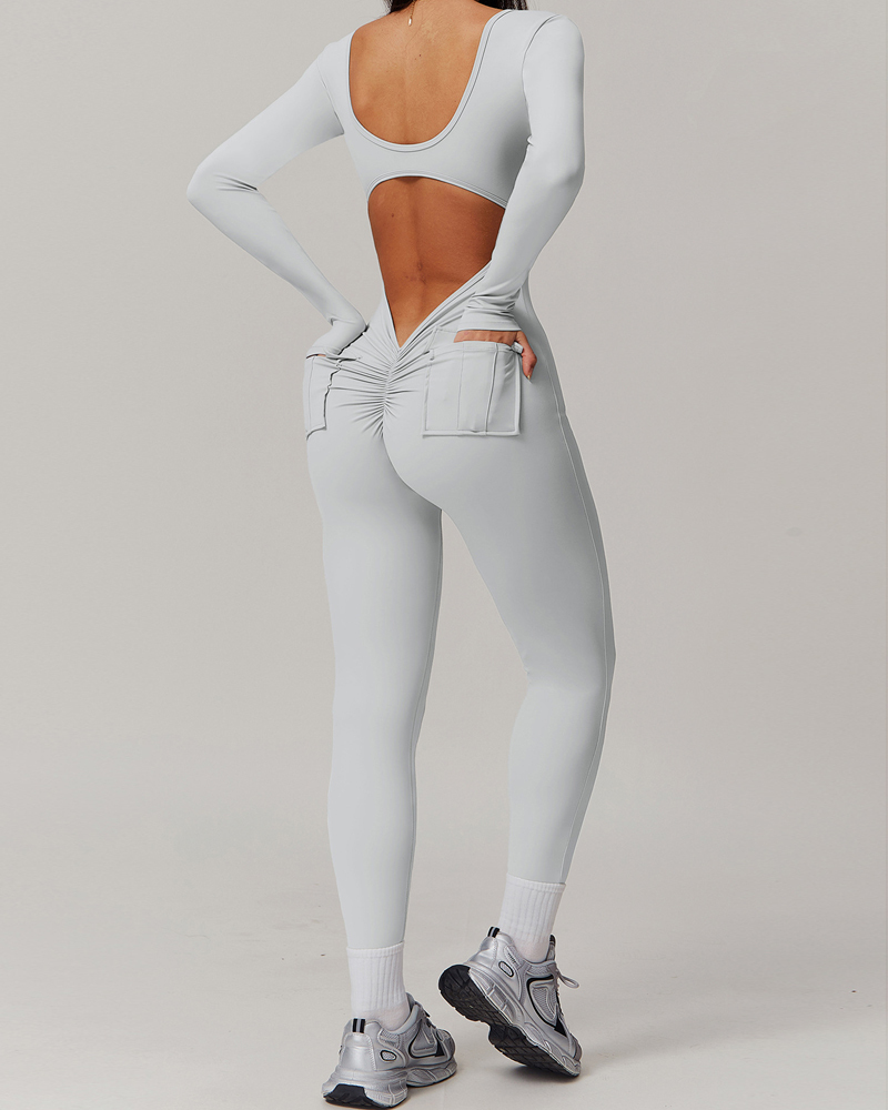 Back Pocket Open Back Yoga Bodysuit-Curvy-Faja