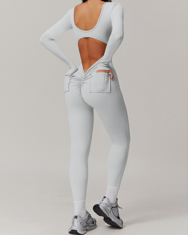 Back Pocket Open Back Yoga Bodysuit-Curvy-Faja