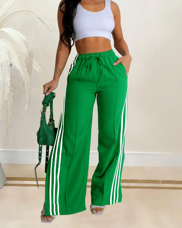 Side Stripe Solid Color Sports Casual Pants-Curvy-Faja