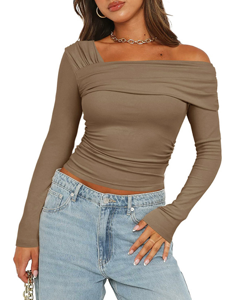 One-Shoulder Long-Sleeved Open-Back Gathered Top T-Shirt-Curvy-Faja