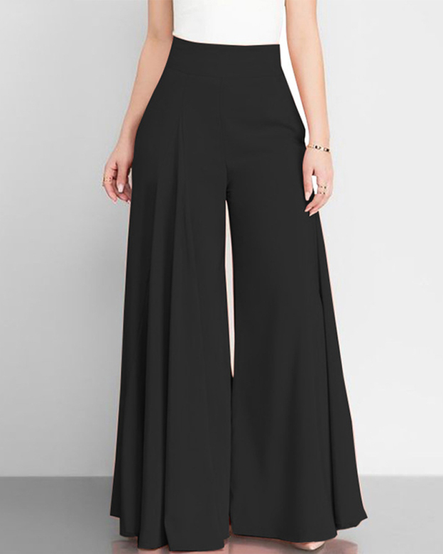 Solid Color High Waist Wide Leg Pants-Curvy-Faja