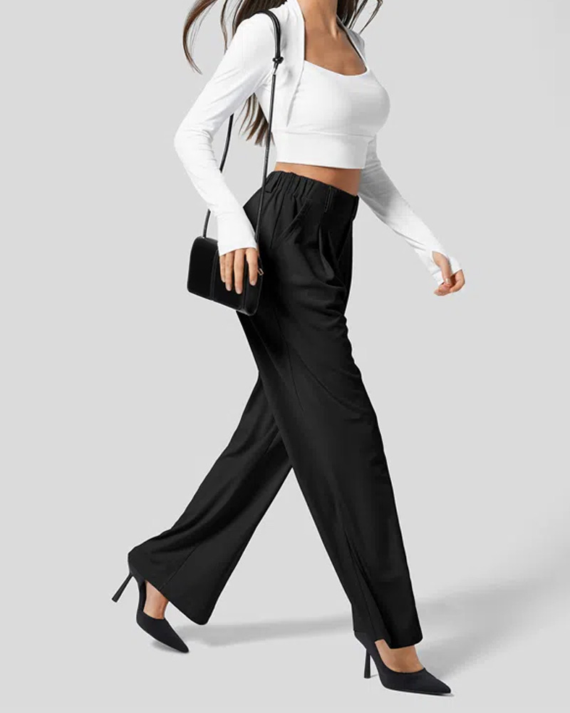 High Waisted Plicated Side Pocket Wide Leg Waffle Work Pants