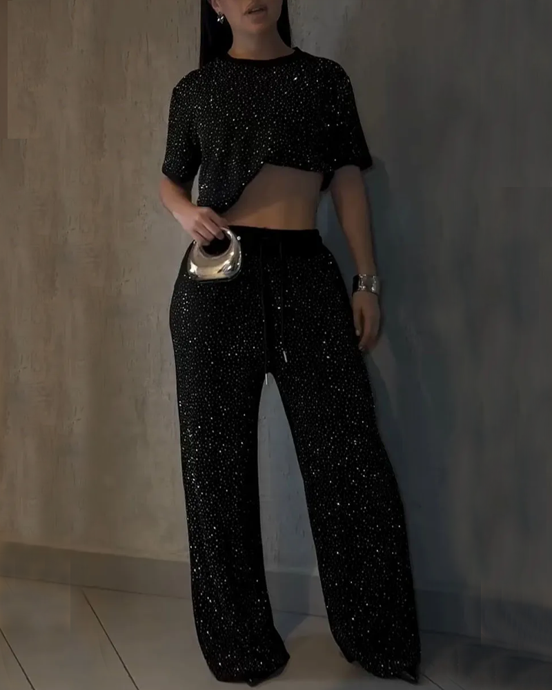 Rhinestone Embellished Loose Fitting Casual Top And Wide Leg Pants Set 