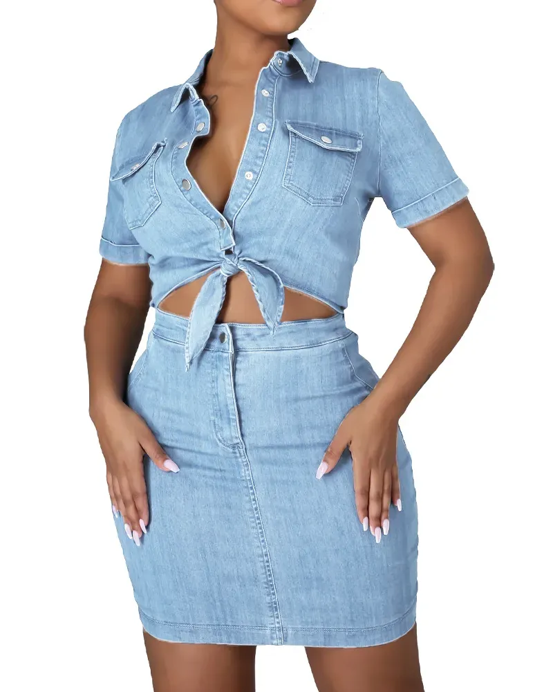 Womens Sexy 2 Pieces Denim Outfits Button Shirt Package Hip Denim Dress Set (Pre-Sale)