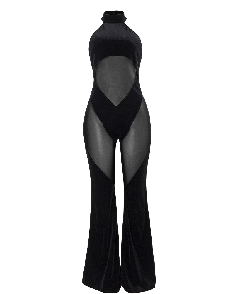 See-Through Flared Pants Backless Halter-Neck Tulle Jumpsuit-Curvy-Faja